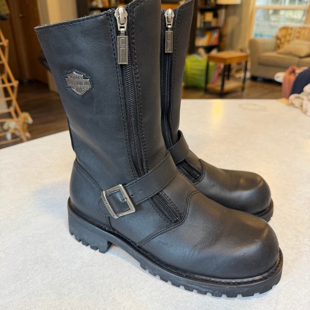 Harley-Davidson Womens Black Leather Double Zip Biker Moto Boots Size 9.5 #61994